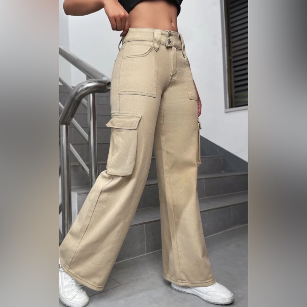 SHEIN Khaki Flap Side Pocket Cargo Jeans